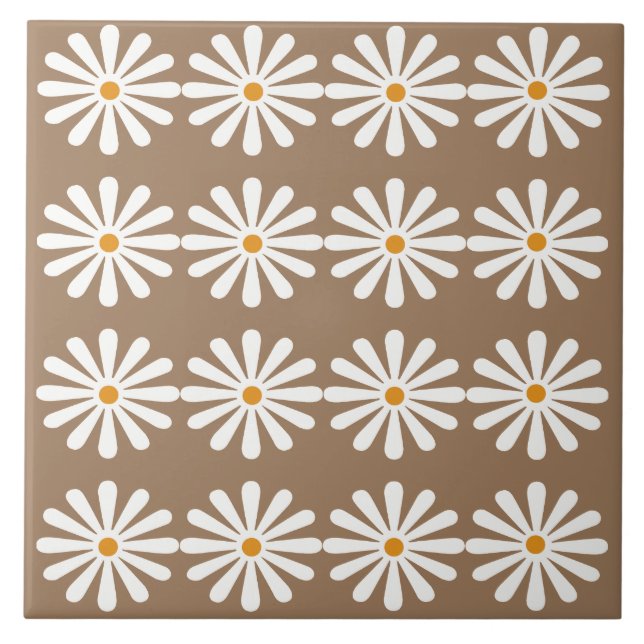 White daisies with yellow centres on sorrell brown tile (Front)