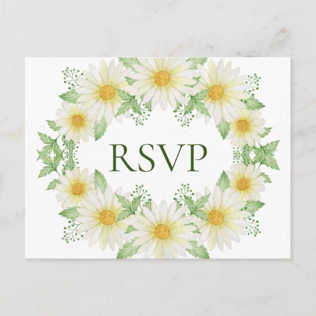 White Daisies Wreath Watercolor Yellow Budget RSVP Postcard (Front)