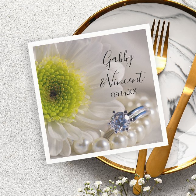 White Daisy and Diamond Ring Wedding Napkin (Creator Uploaded)