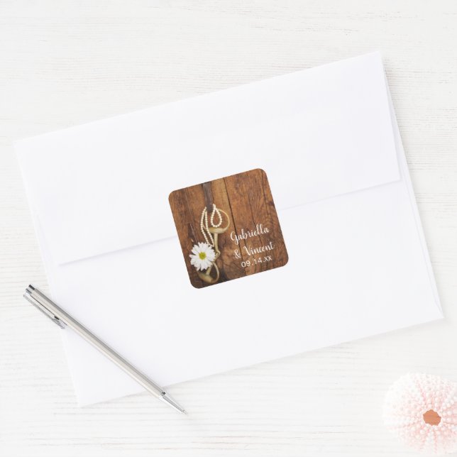White Daisy and Horse Bit Country Western Wedding Square Sticker (Envelope)