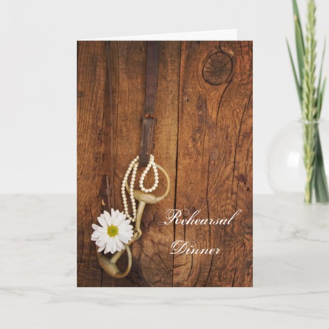 White Daisy and Horse Bit Western Rehearsal Dinner Invitation (Front)