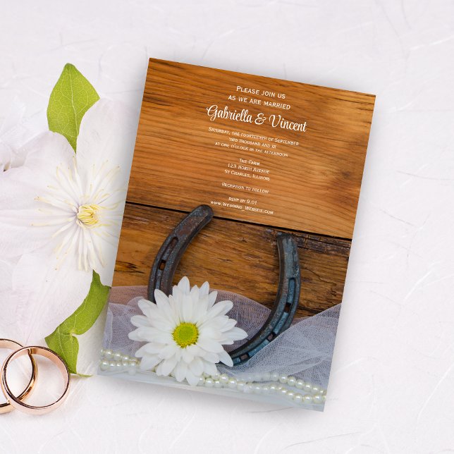 White Daisy and Horseshoe Country Western Wedding Invitation (Creator Uploaded)