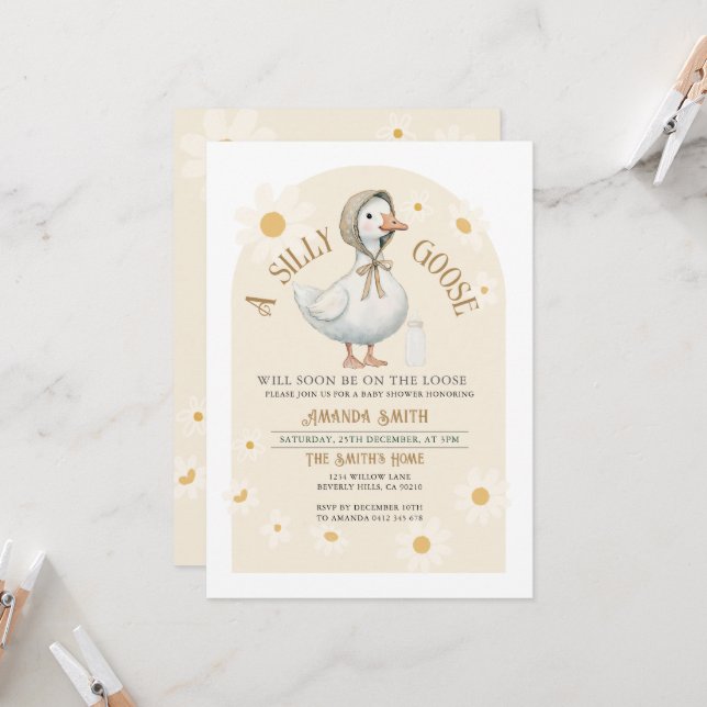 White Daisy and Ivory Cute Goose Baby Shower  Invitation (Front/Back In Situ)
