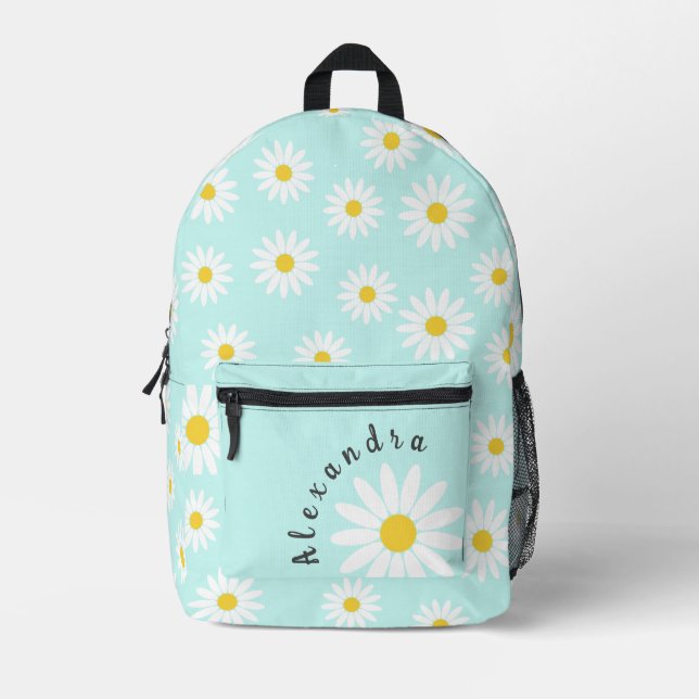 White Daisy and Name Printed Backpack (Front)