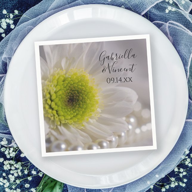 White Daisy and Pearls Wedding Napkin (Creator Uploaded)
