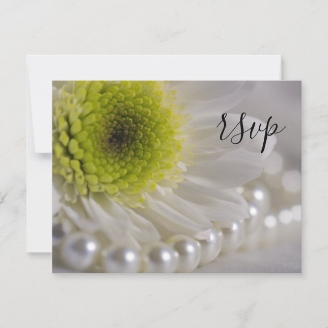 White Daisy and Pearls Wedding RSVP Card (Front)