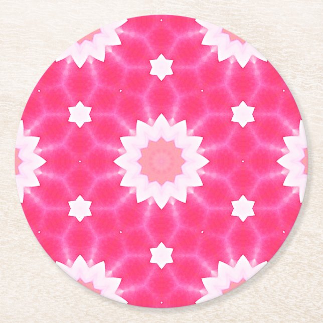 White daisy and stars over pink background pattern round paper coaster (Front)