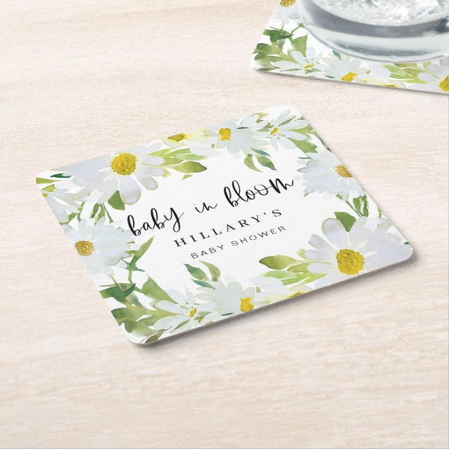 White Daisy | Baby Shower Summer floral bloom Square Paper Coaster (Angled)