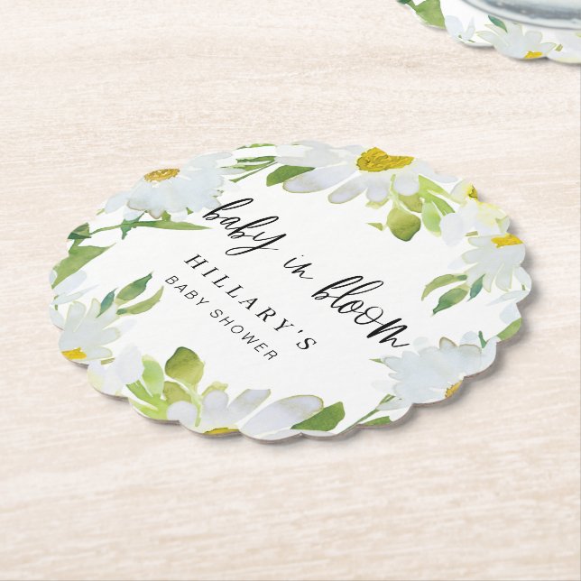 White Daisy | Baby Shower Summer floral scalloped Paper Coaster (Angled)
