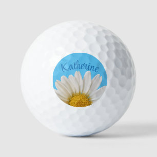 White Daisy Blue Background Custom Name Golf Balls