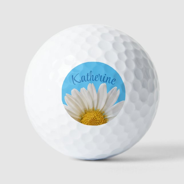 White Daisy Blue Background Custom Name Golf Balls (Front)