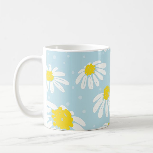 White Daisy Blue Background Seamless Coffee Mug (Left)