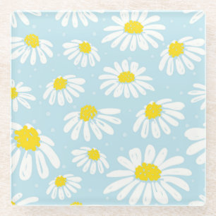 White Daisy Blue Background Seamless Glass Coaster