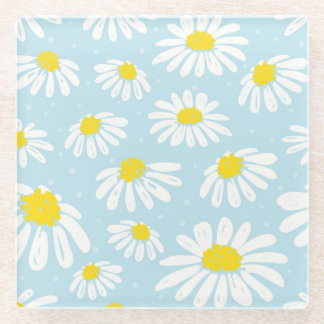 White Daisy Blue Background Seamless Glass Coaster