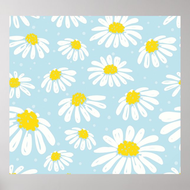 White Daisy Blue Background Seamless Poster (Front)