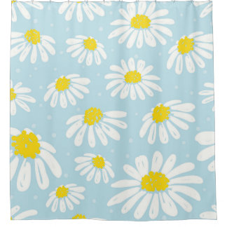 White Daisy Blue Background Seamless Shower Curtain