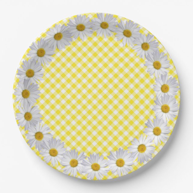 White Daisy Border On Gingham Paper Plate (Front)