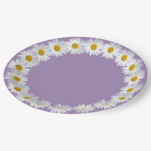 White Daisy Border On Purple Paper Plate