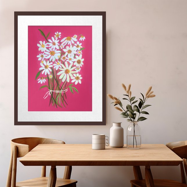 White Daisy Bouquet on Pink Gouache Painting Art Poster (White Daisy Bouquet on Pink Gouache Painting Art Poster Wall Art)