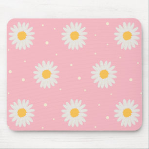 White Daisy Dot Pink  Mouse Pad