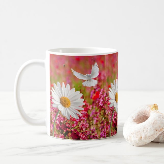 White Daisy Dove Pink Floral Mug (With Donut)