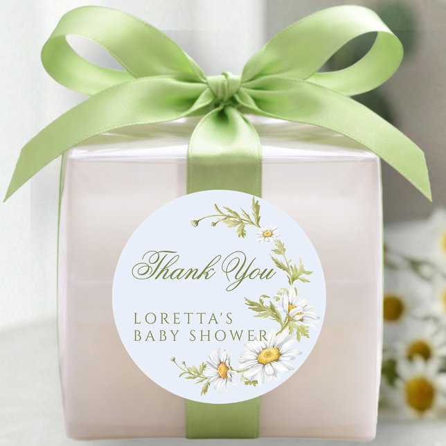 White Daisy Floral Baby Shower Thank You Blue Classic Round Sticker (Creator Uploaded)