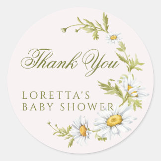 White Daisy Floral Baby Shower Thank You Pink Classic Round Sticker