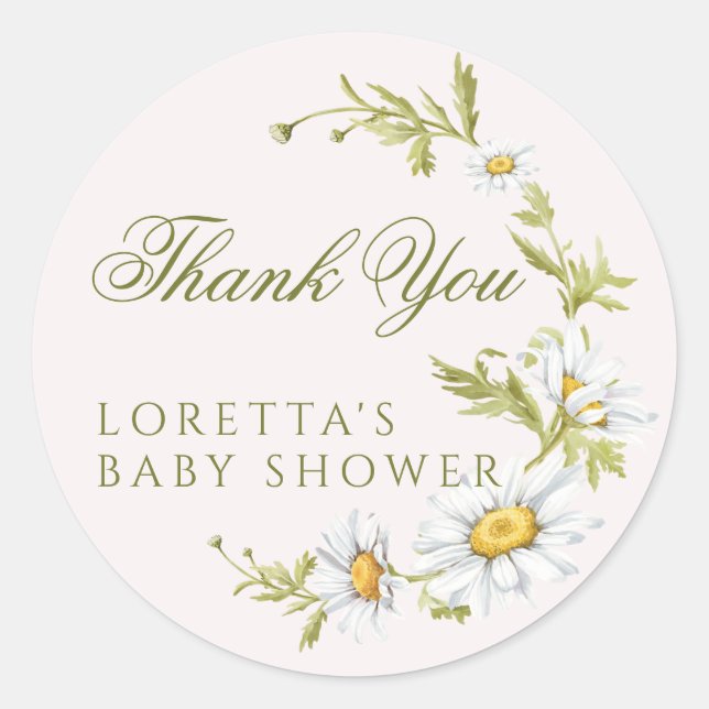 White Daisy Floral Baby Shower Thank You Pink Classic Round Sticker (Front)
