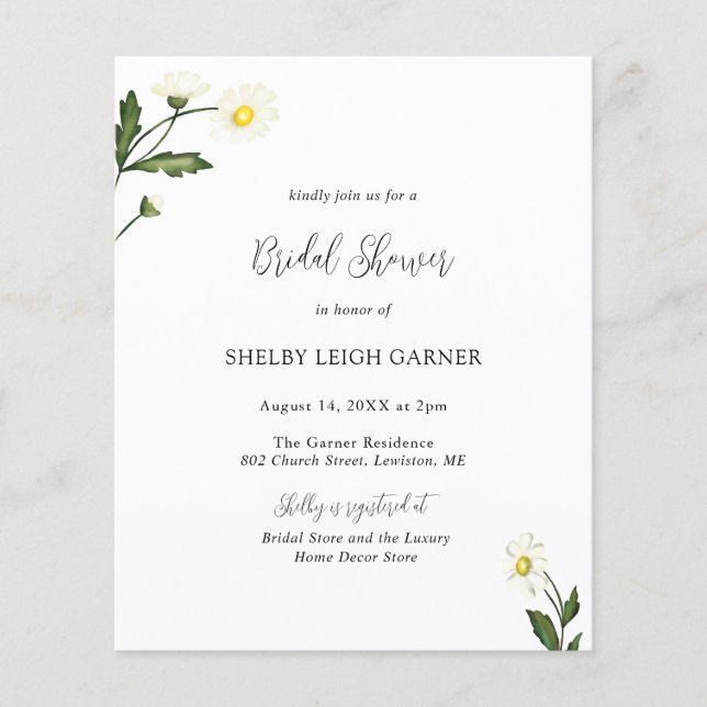 White Daisy Floral Budget Bridal Shower Invitation (Front)