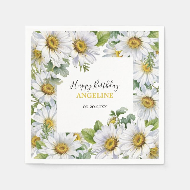 White Daisy Floral Greenery Birthday Napkin (Front)