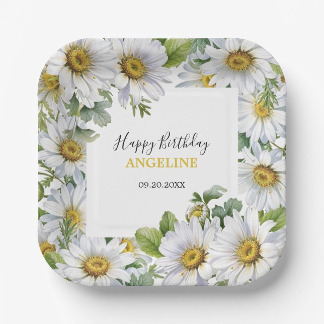 White Daisy Floral Greenery Birthday Paper Plate (Front)