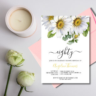 White Daisy Floral Greenery Script Birthday Invitation