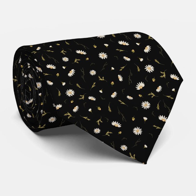 White Daisy Floral On Black Background Tie (Rolled)