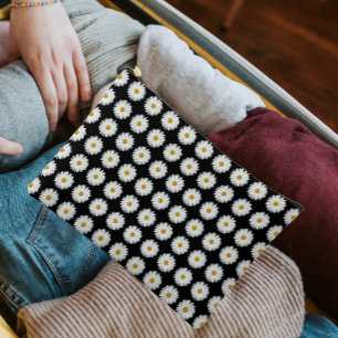 White Daisy Floral Pattern on Black Accessory Pouch
