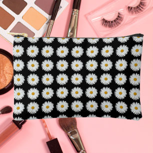 White Daisy Floral Pattern on Black Accessory Pouch