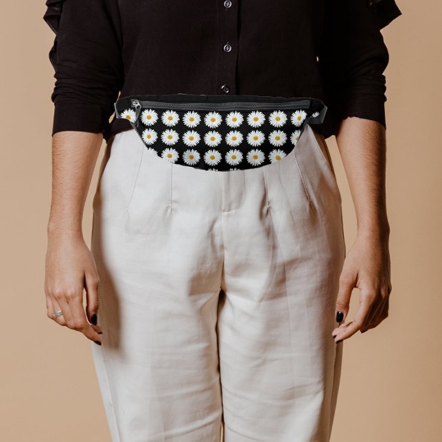 White Daisy Floral Pattern on Black Bum Bags (In Situ)