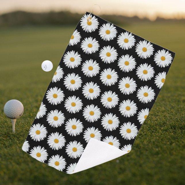 White Daisy Floral Pattern on Black Golf Towel (In Situ Golf)