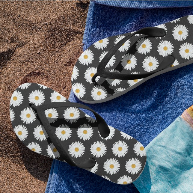 White Daisy Floral Pattern on Black Jandals (In Situ)