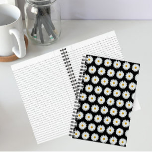 White Daisy Floral Pattern on Black Notebook