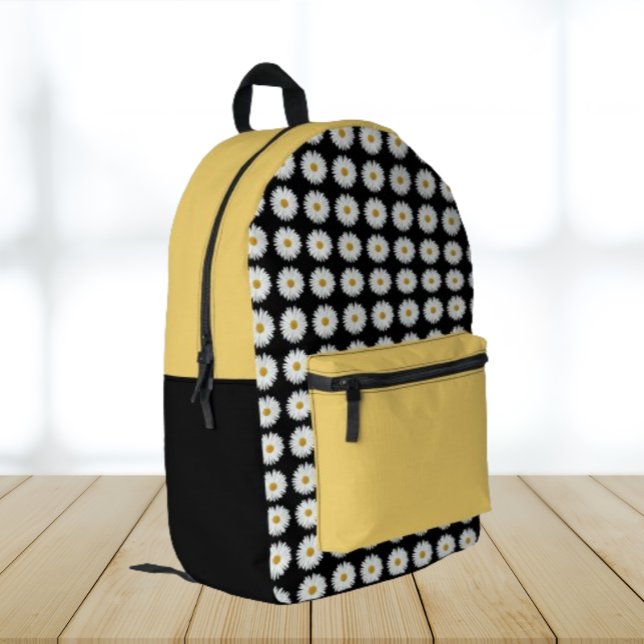 White Daisy Floral Pattern on Black Printed Backpack (In Situ Angled)