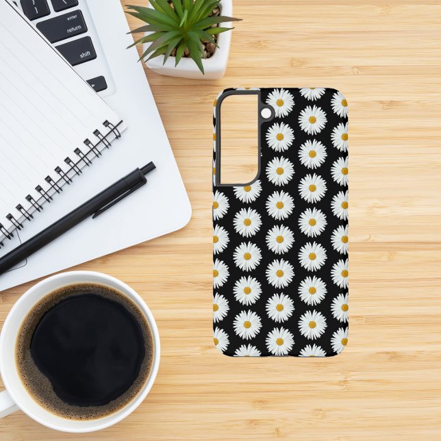 White Daisy Floral Pattern on Black Samsung Galaxy S22 Case (In Situ)