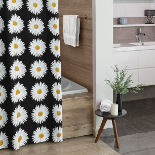 White Daisy Floral Pattern on Black Shower Curtain