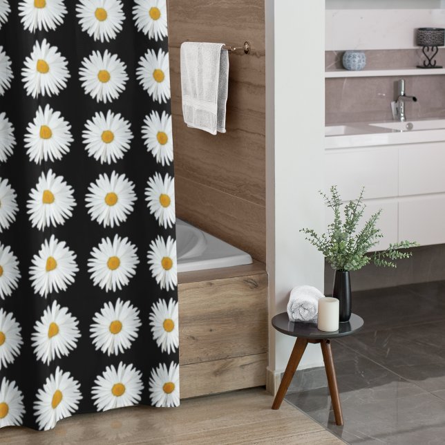 White Daisy Floral Pattern on Black Shower Curtain (In Situ Bathroom)