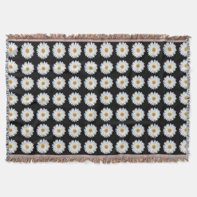 White Daisy Floral Pattern on Black Throw Blanket (Front)