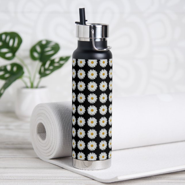 White Daisy Floral Pattern on Black Water Bottle (Yoga)