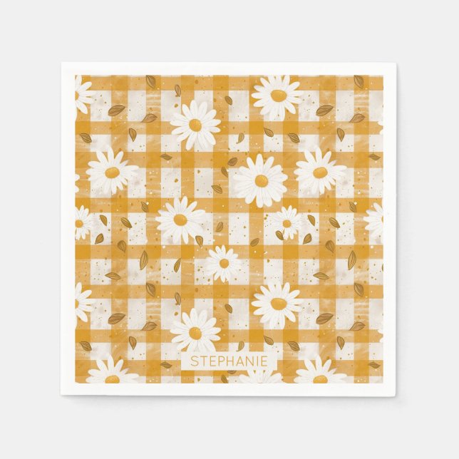 White Daisy Floral Pattern on Yellow Gingham (2) Napkin (Front)