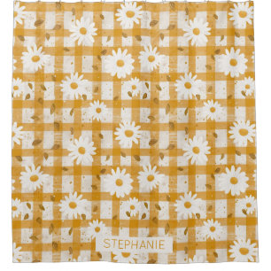 White Daisy Floral Pattern on Yellow Gingham (2) Shower Curtain
