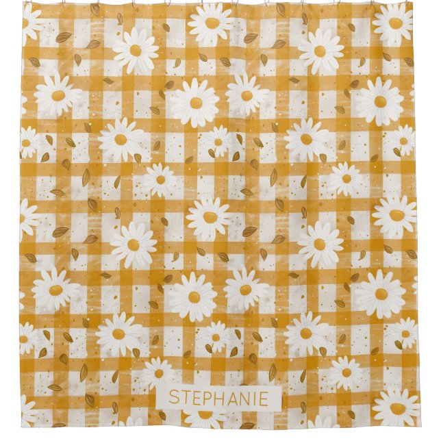 White Daisy Floral Pattern on Yellow Gingham (2) Shower Curtain (Front)