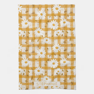 White Daisy Floral Pattern on Yellow Gingham (2) Tea Towel