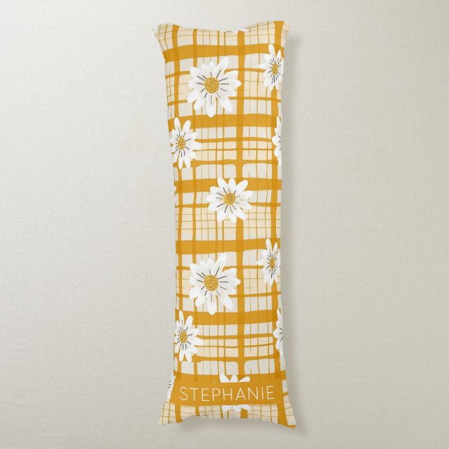 White Daisy Floral Pattern on Yellow Gingham Body Cushion (Front Vertical)